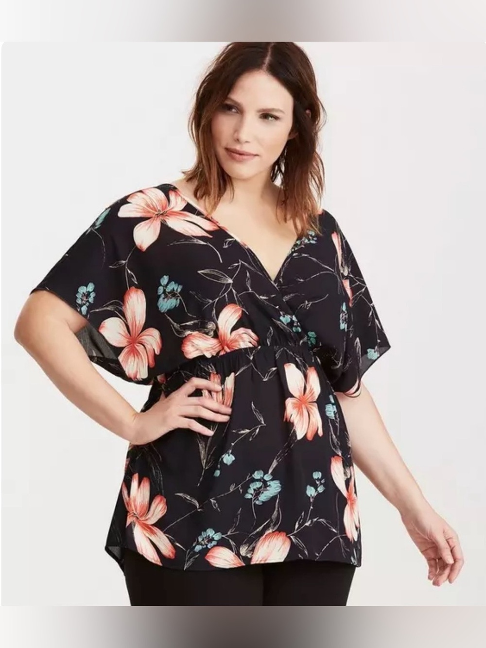 Torrid Floral Surplice Babydoll Blouse Size 2 Black and Pink Flutter Sleeve Top